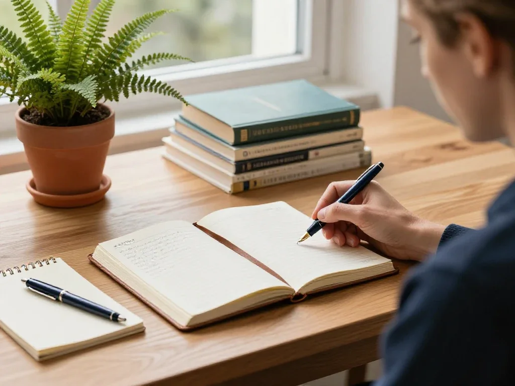 Bureau en bois parsemé de livres et carnets, illustrant la perspective multidisciplinaire du profil généraliste.